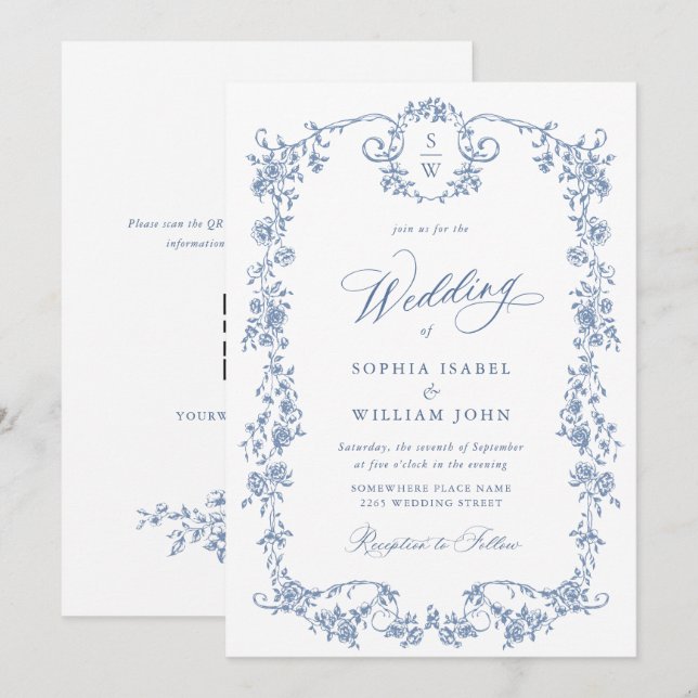 Victorian Dusty Blue French Garden Wedding Invitation (Front/Back)