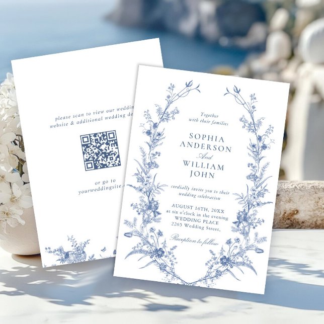 Victorian Dusty Blue French Garden Wedding QR code Invitation (Creator Uploaded)