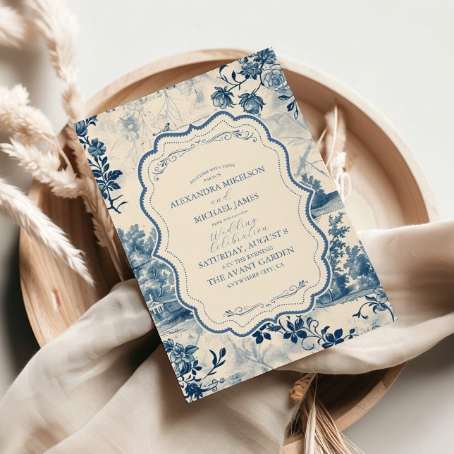 Victorian Dusty Blue French Toile Wedding Invitation (Creator Uploaded)