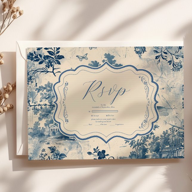 Victorian Dusty Blue French Toile Wedding RSVP Card (Creator Uploaded)