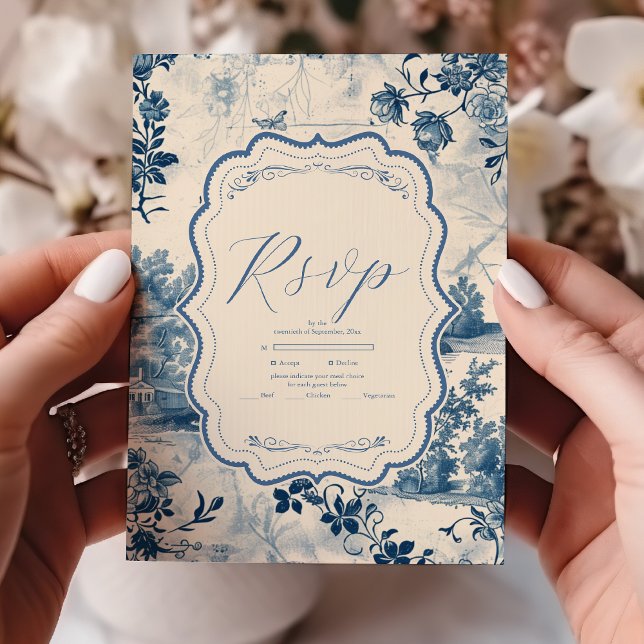 Victorian Dusty Blue French Toile Wedding RSVP Card (Creator Uploaded)