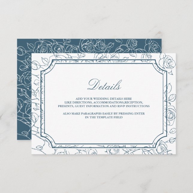 Victorian Dusty Blue Line Art Wedding Details Enclosure Card (Front/Back)