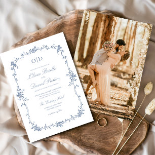 Victorian Dusty Blue Photo Monogram Wedding Invitation