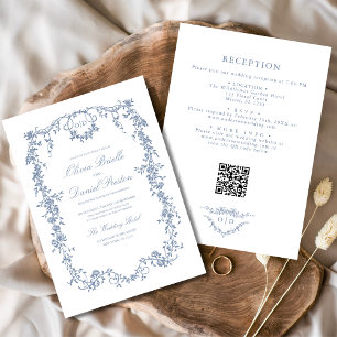Victorian Dusty Blue QR Code Floral Wedding Invitation