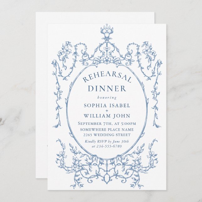 Victorian Dusty Blue Rehearsal Dinner QR code Invitation (Front/Back)