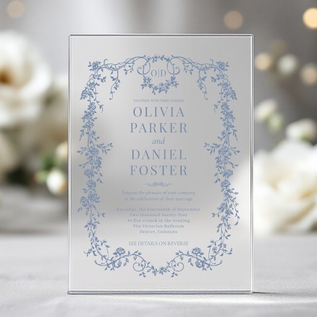 Victorian Dusty Blue Wedding Monogram Acrylic Invitations (Creator Uploaded)