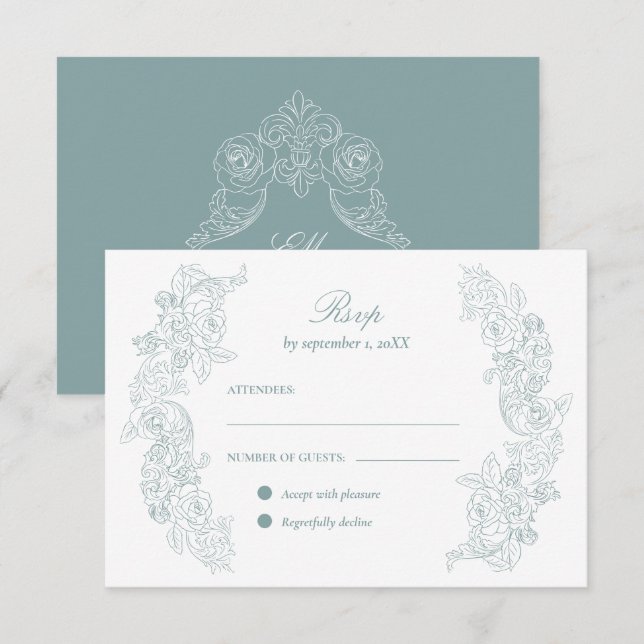 Victorian Dusty Blue Wedding RSVP Card (Front/Back)