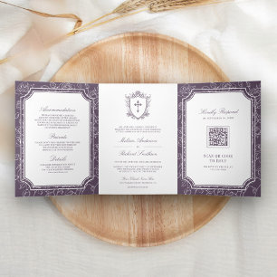 Victorian Dusty Purple Catholic QR Code Wedding Tri-Fold Invitation