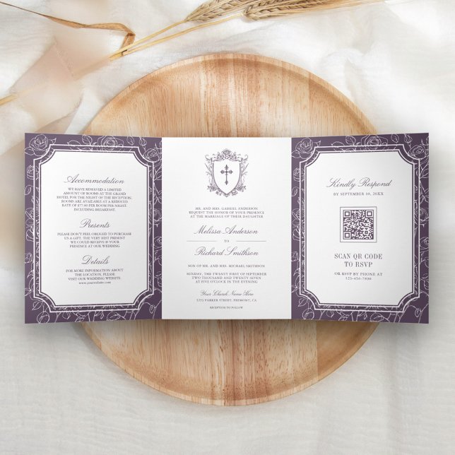 Victorian Dusty Purple Catholic QR Code Wedding Tri-Fold Invitation (Creator Uploaded)