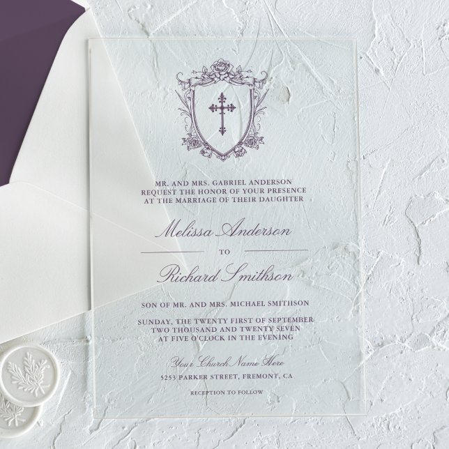 Victorian Dusty Purple Catholic Wedding Acrylic Invitations (Creator Uploaded)