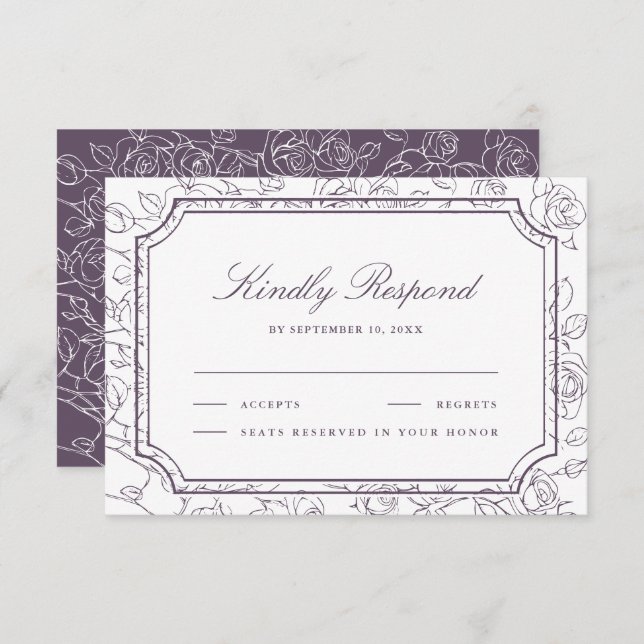 Victorian Dusty Purple Floral Line Art Wedding RSVP Card (Front/Back)