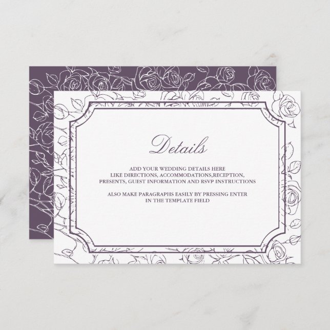 Victorian Dusty Purple Line Art Wedding Details Enclosure Card (Front/Back)