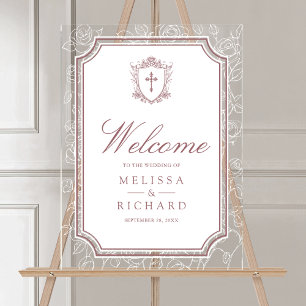Victorian Dusty Rose Catholic Wedding Welcome Acrylic Sign