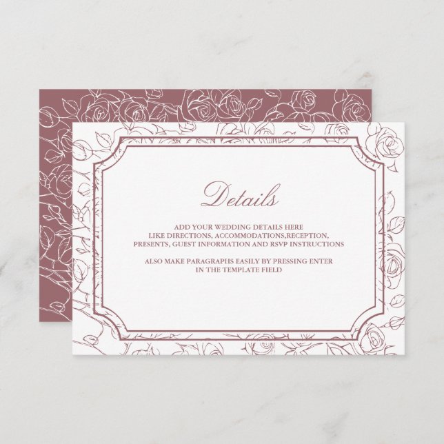 Victorian Dusty Rose Line Art Wedding Details Enclosure Card (Front/Back)