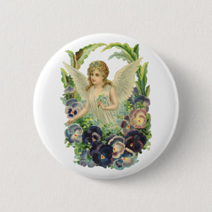 Victorian Easter Angel with Purple Pansy Flowers 6 Cm Round Badge