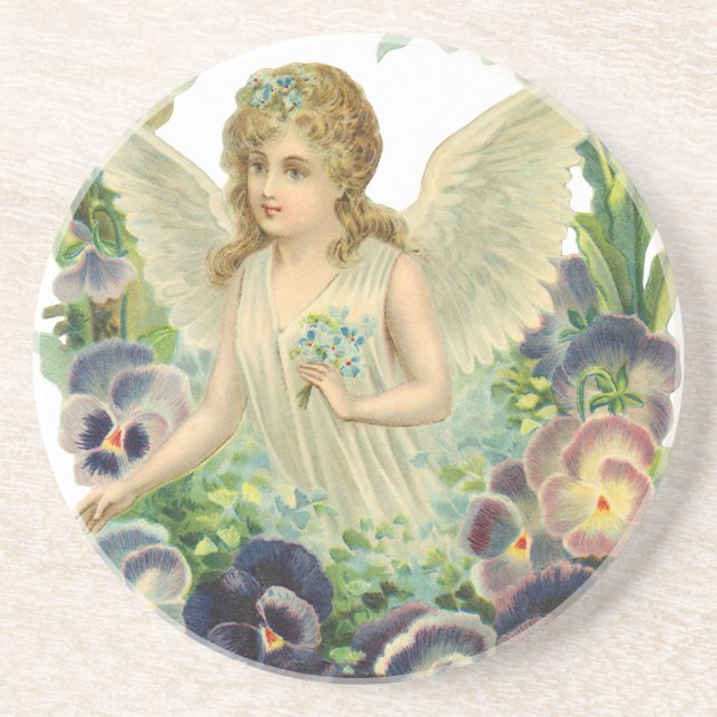 Victorian Easter Angel with Purple Pansy Flowers Coaster (Front)