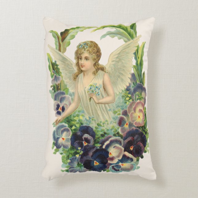 Victorian Easter Angel with Purple Pansy Flowers Decorative Cushion (Front(Vertical))