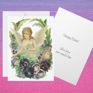 Victorian Easter Angel with Purple Pansy Flowers Holiday Card