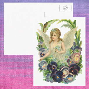 Victorian Easter Angel with Purple Pansy Flowers Holiday Postcard