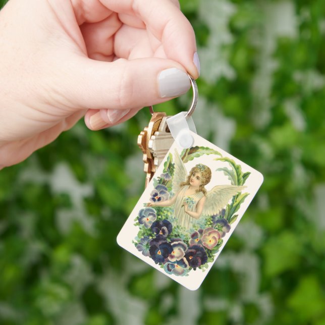Victorian Easter Angel with Purple Pansy Flowers Key Ring (Hand)