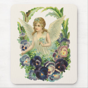 Victorian Easter Angel with Purple Pansy Flowers Mouse Mat