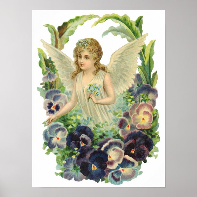 Victorian Easter Angel with Purple Pansy Flowers Poster (Front)
