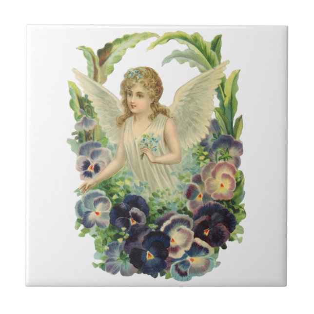 Victorian Easter Angel with Purple Pansy Flowers Tile (Front)