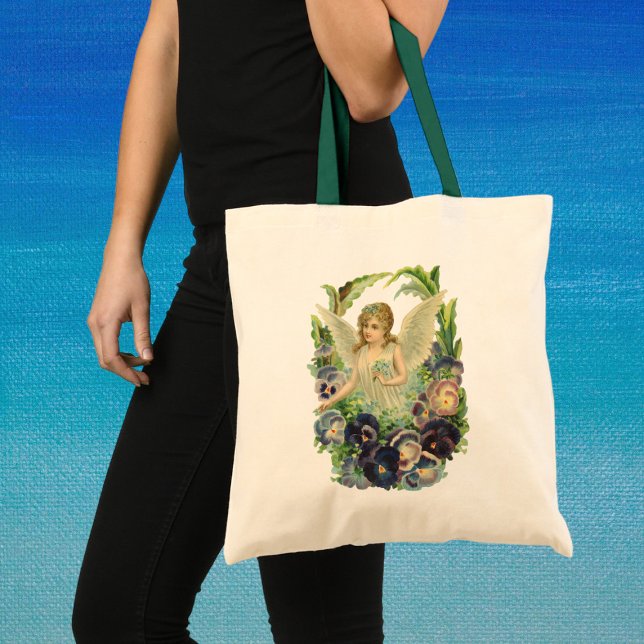Victorian Easter Angel with Purple Pansy Flowers Tote Bag (Creator Uploaded)