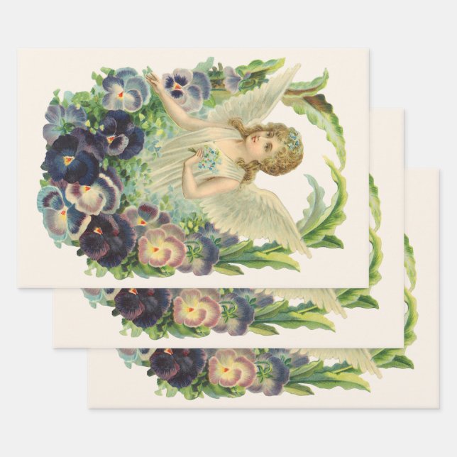 Victorian Easter Angel with Purple Pansy Flowers Wrapping Paper Sheet (Set)