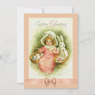 Victorian Easter Card Girl Baskets of Eggs & Bunny