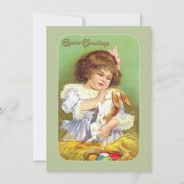 Victorian Easter Card Girl & Bunny & Nest of Eggs (Front)