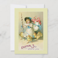 Victorian Easter Card Girl Roses in Egg & Chicks