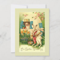 Victorian Easter Card Man in Egg House & Bunnies