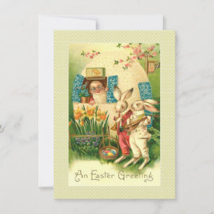 Victorian Easter Card Man in Egg House & Bunnies