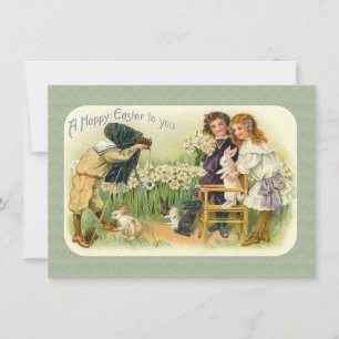 Victorian Easter Children Photographing Bunnies Holiday Card