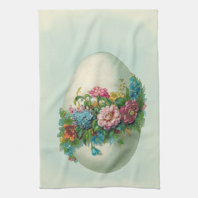 Victorian Easter flower egg on delicate egg blue Tea Towel (Vertical)