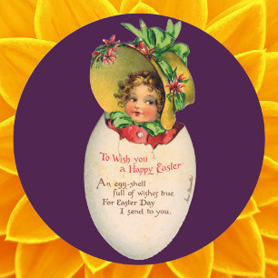 Victorian Easter, Vintage Girl with Bonnet in Egg Classic Round Sticker