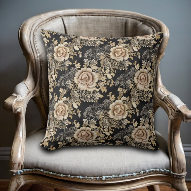 Victorian Elegant Lace Roses Vintage Black Cushion (Creator Uploaded)