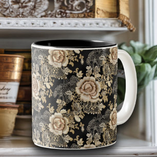 Victorian Elegant Lace Roses Vintage Black Two-Tone Coffee Mug