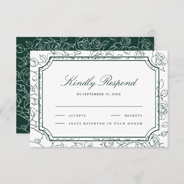 Victorian Emerald Green Floral Line Art Wedding RSVP Card (Front/Back)
