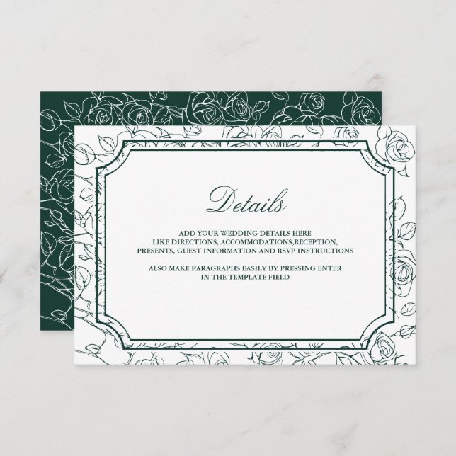 Victorian Emerald Green Line Art Wedding Details Enclosure Card (Front/Back)