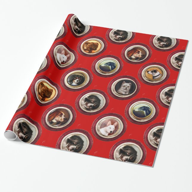 VICTORIAN ENAMELS /MINIATURE DOG PORTRAITS, Red Wrapping Paper (Unrolled)