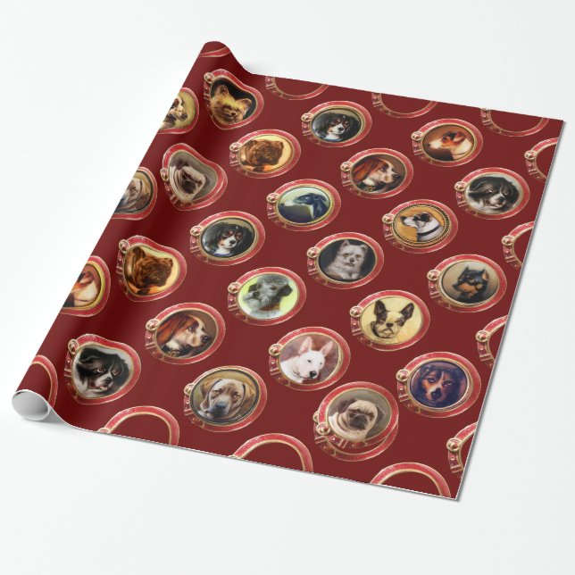 VICTORIAN ENAMELS /MINIATURE DOG PORTRAITS,Red Wrapping Paper (Unrolled)