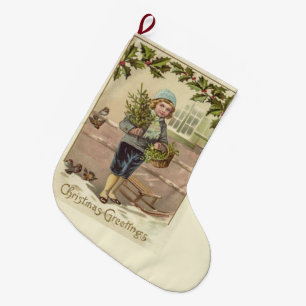 Victorian English Boy Christmas Greetings Large Christmas Stocking