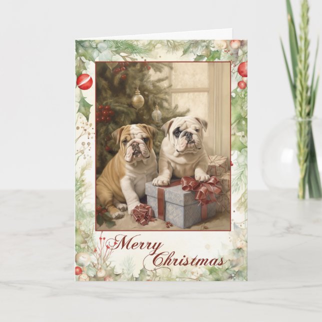 Victorian English Bulldog Puppy Christmas Holiday Card (Front)