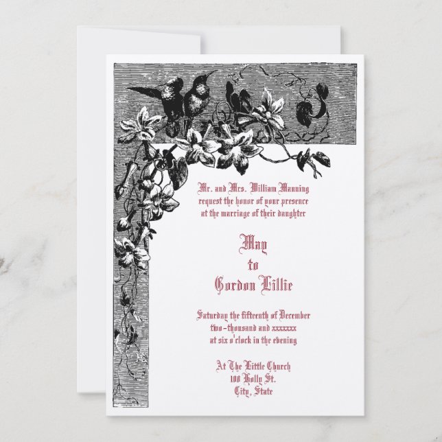 Victorian Era 1874 Hummingbird Pair Floral Wedding Invitation (Front)