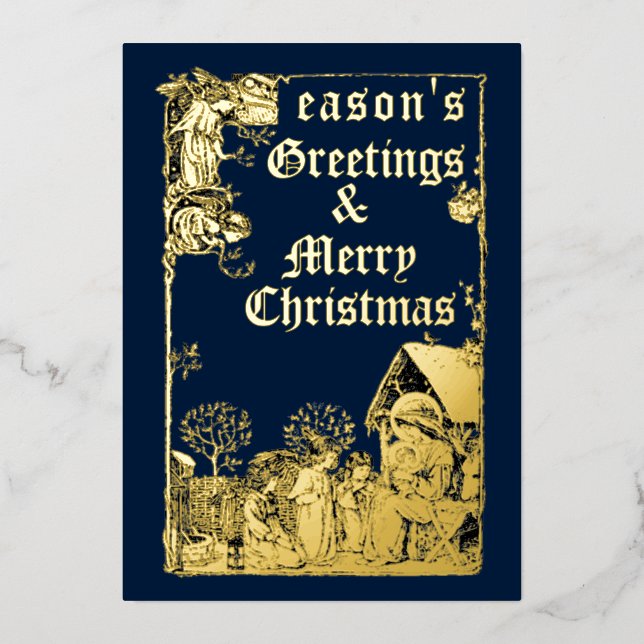 Victorian Era 1892 Christmas Nativity & Angels Foil Holiday Card (Front)