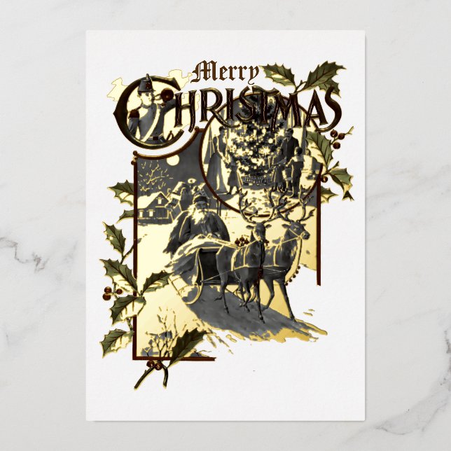 Victorian Era 1899 Santa Claus & Reindeer Foil Holiday Card (Front)