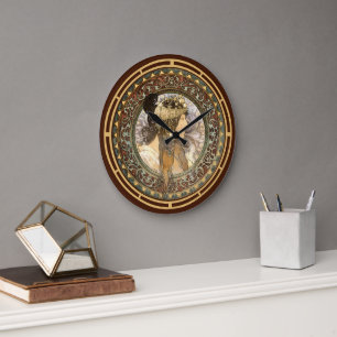 Victorian Era Art Nouveau Brunette Woman by Mucha Large Clock