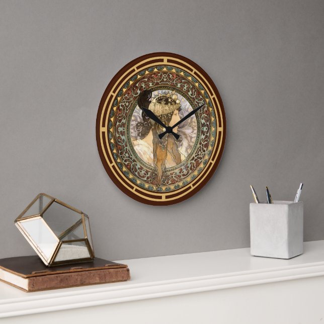Victorian Era Art Nouveau Brunette Woman by Mucha Large Clock (Office)